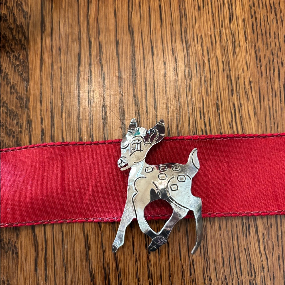 Silver Deer Brooch on Red Ribbon